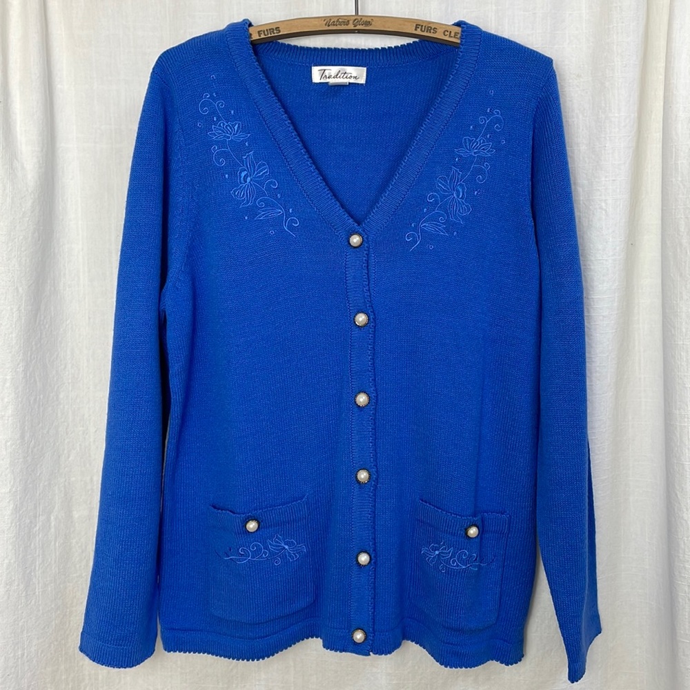 Vintage Royal Blue Knit Cardigan by TRADITION NWT floral embroidery